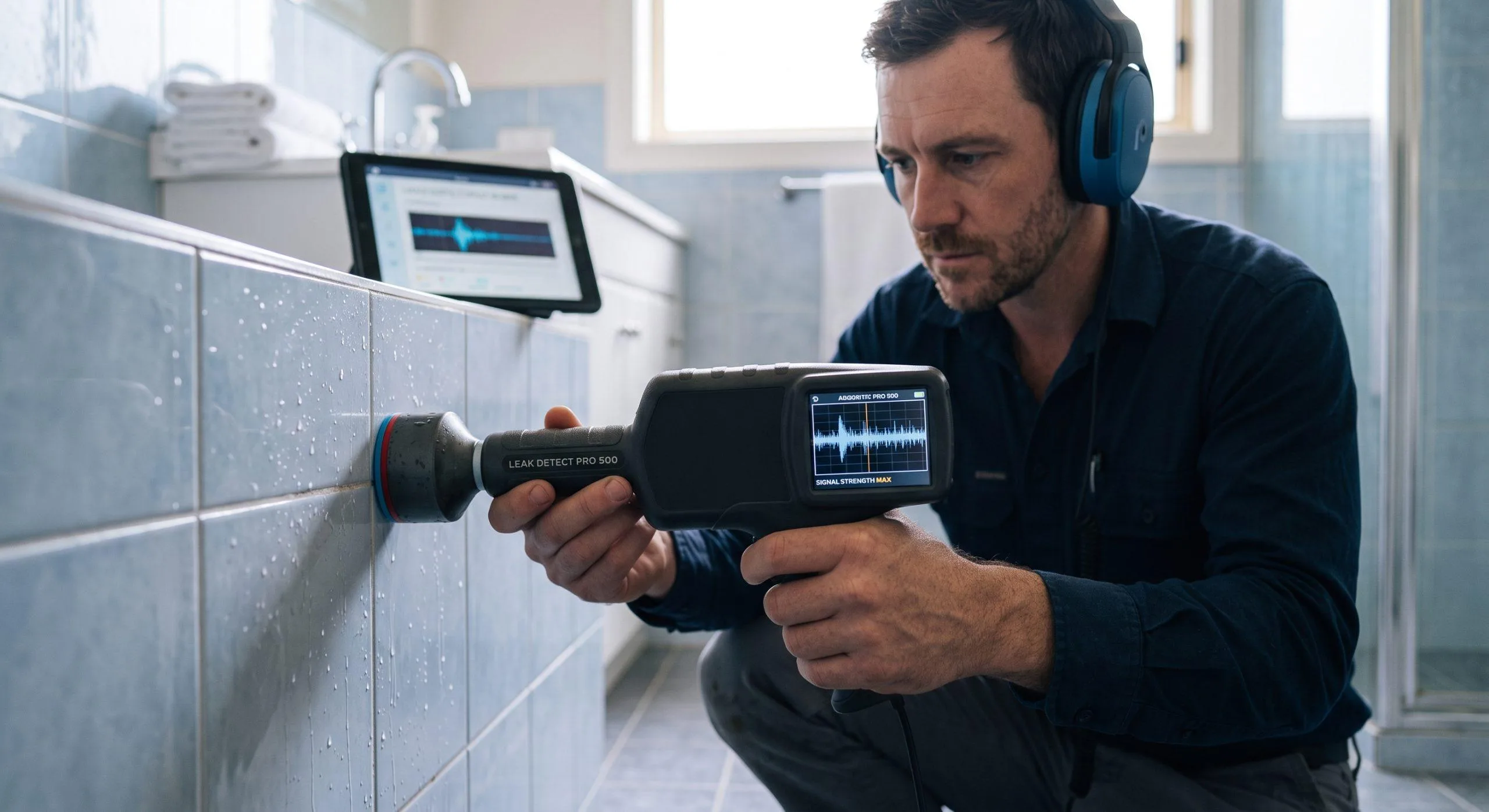Plumber using electronic leak detection equipment